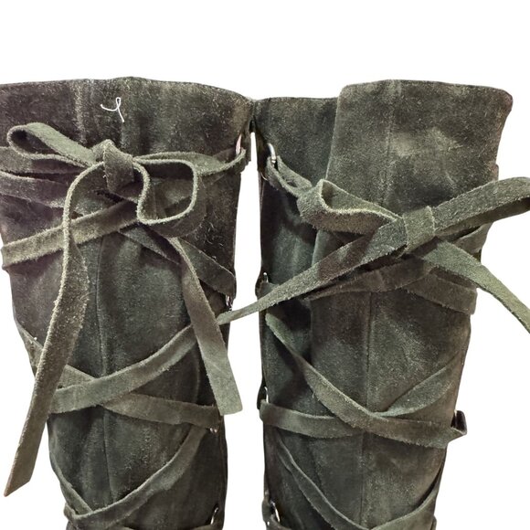 Vintage Suarez Italy Womens Olive Green Suede Knee High Lace Up Boots Side Zip 8 - Picture 5 of 12